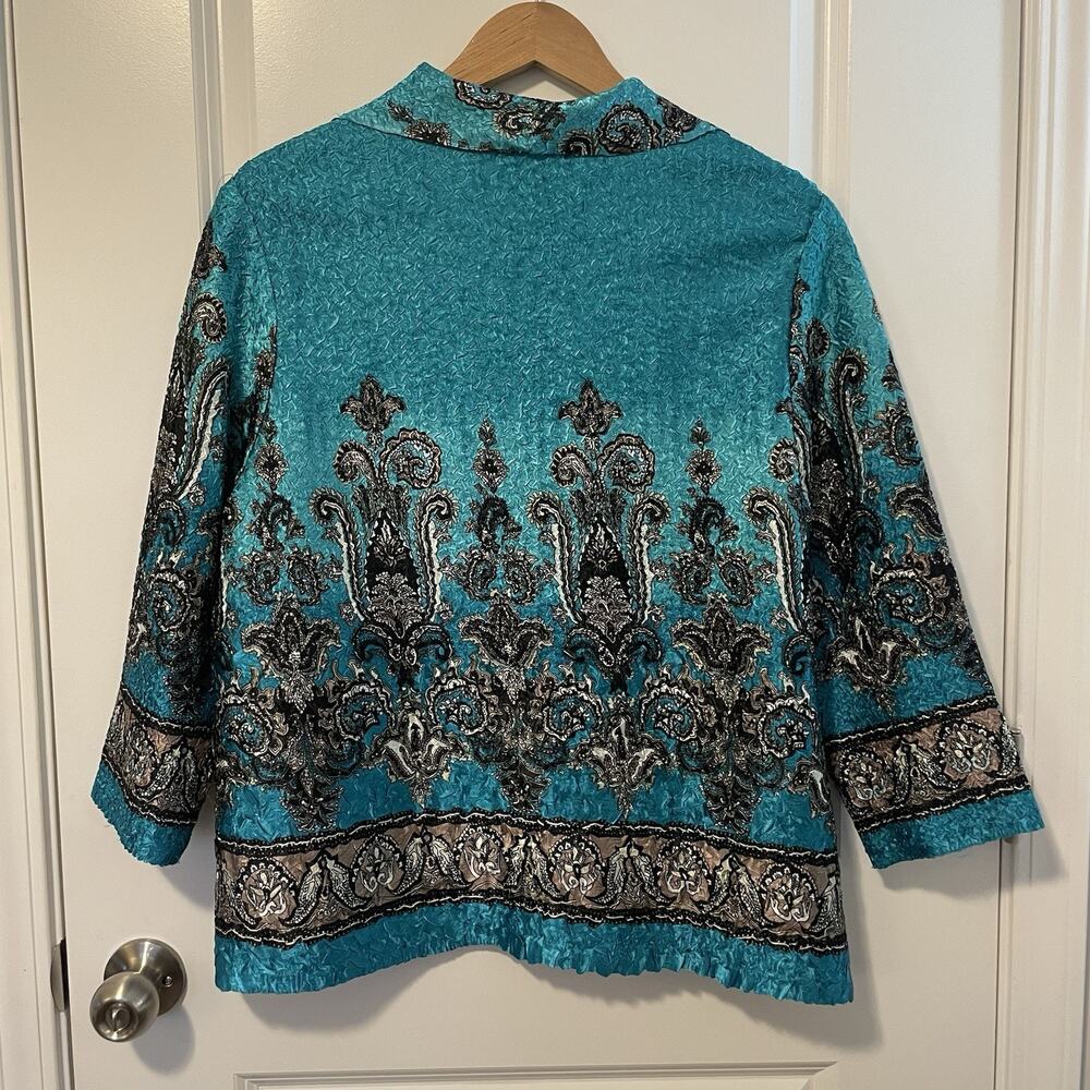 Joni B Turquoise Crinkle Button Down Blouse Dressy Silky Printed Women’s Size L - Picture 3 of 8